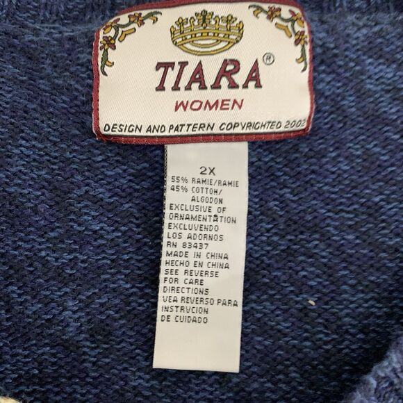 VTG Tiara Christmas Cardigan Sweater 2X Navy Crochet Knit Grandma Holiday Snow - Picture 10 of 10